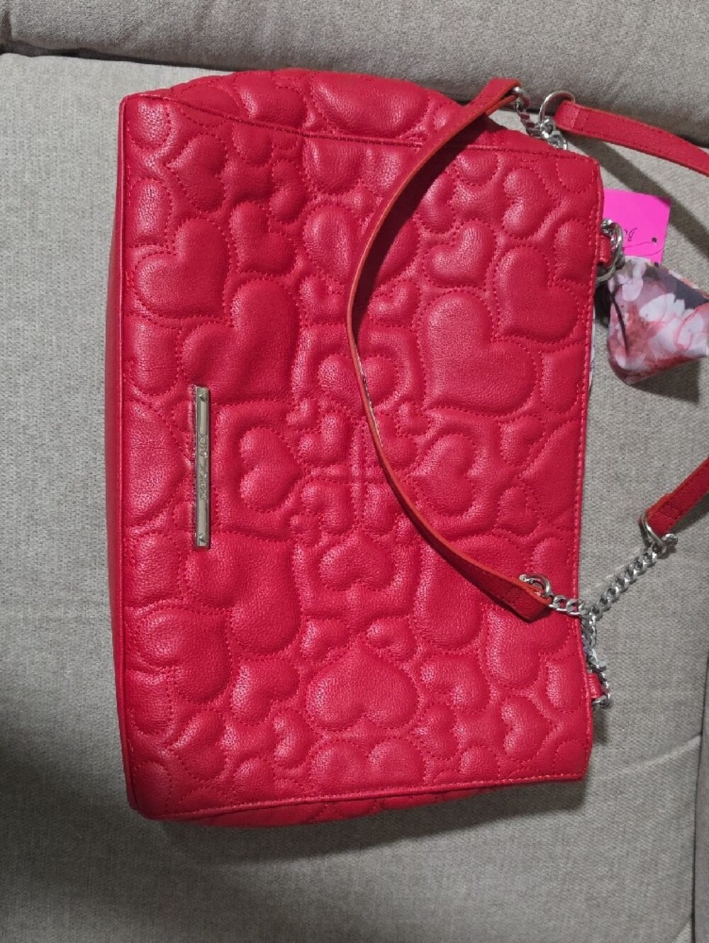 Betsey Johnson Red Quilted Heart-Pattern Shoulder Bag with Floral Scarf Accent - Picture 4 of 7